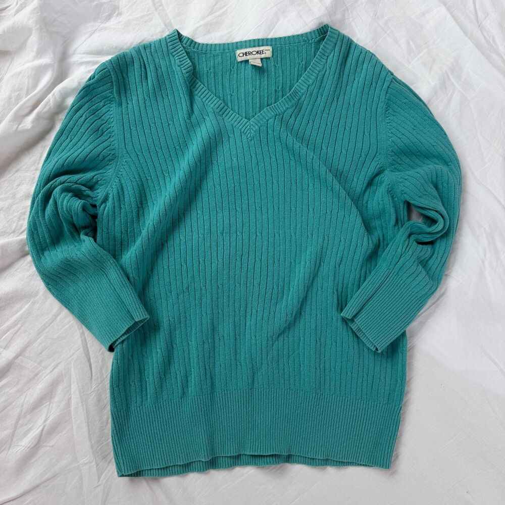Teal Cherokee 100% Cotton Fall Knit 3/4 Sleeve Sweater - XL